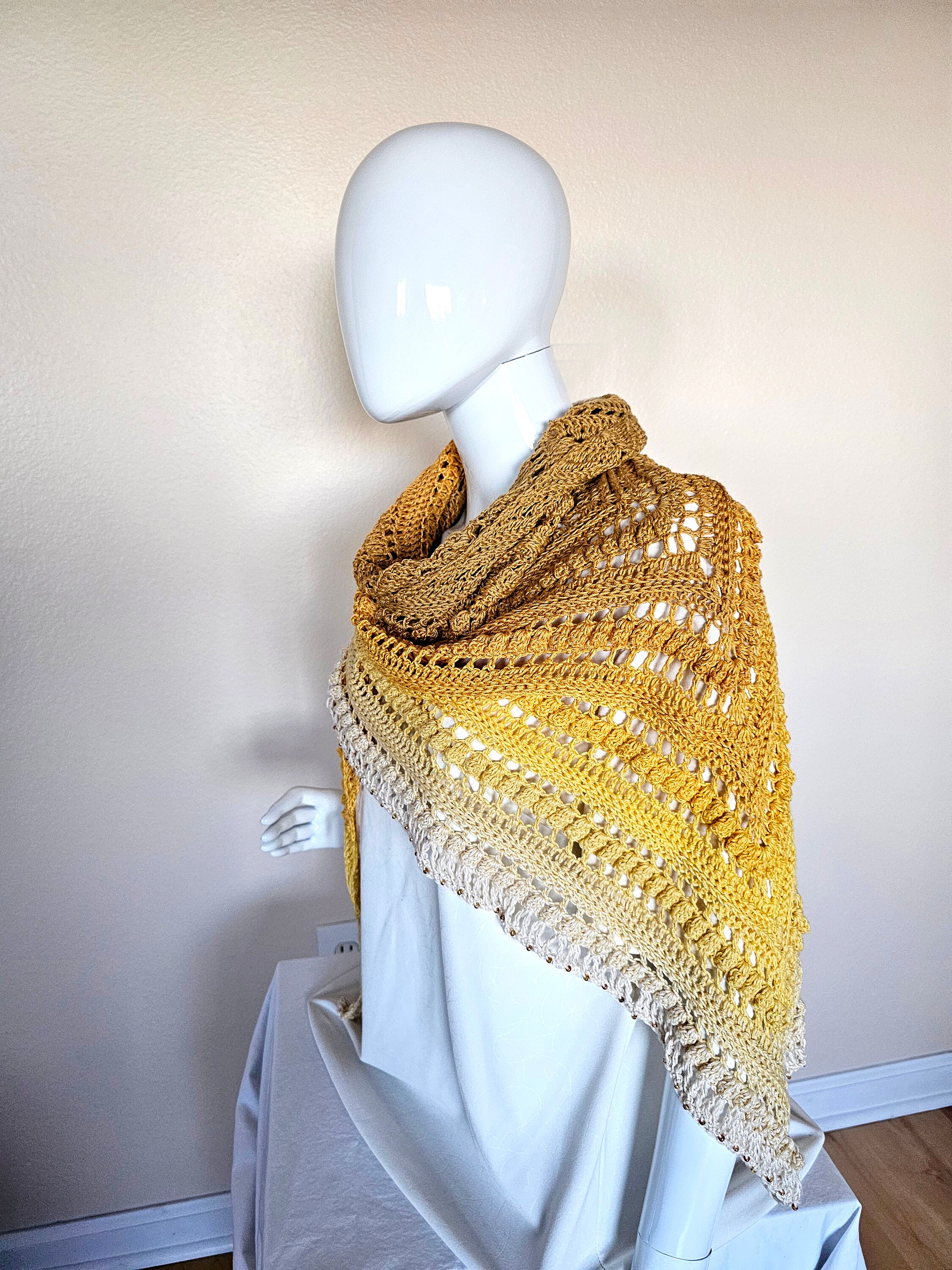 Hand Crochet Wrap. Wedding shawl. Bridesmaid wrap. Prom accessory. Beaded shawl. Princess wrap. Bridal stole. Gift for her. Gold and Cream. - Thumbnail 7