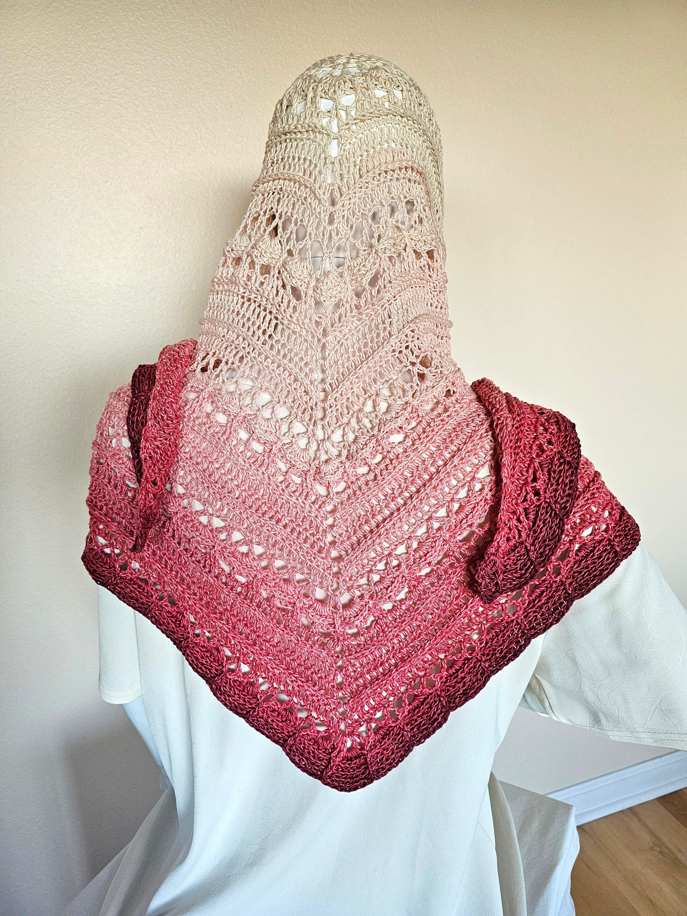 Crochet triangle shawl. Unique chic wrap. Cozy triangle shawl. Rose and Cream Wedding Stole. Gift for Her. Handmade Large shawl. - Image 1