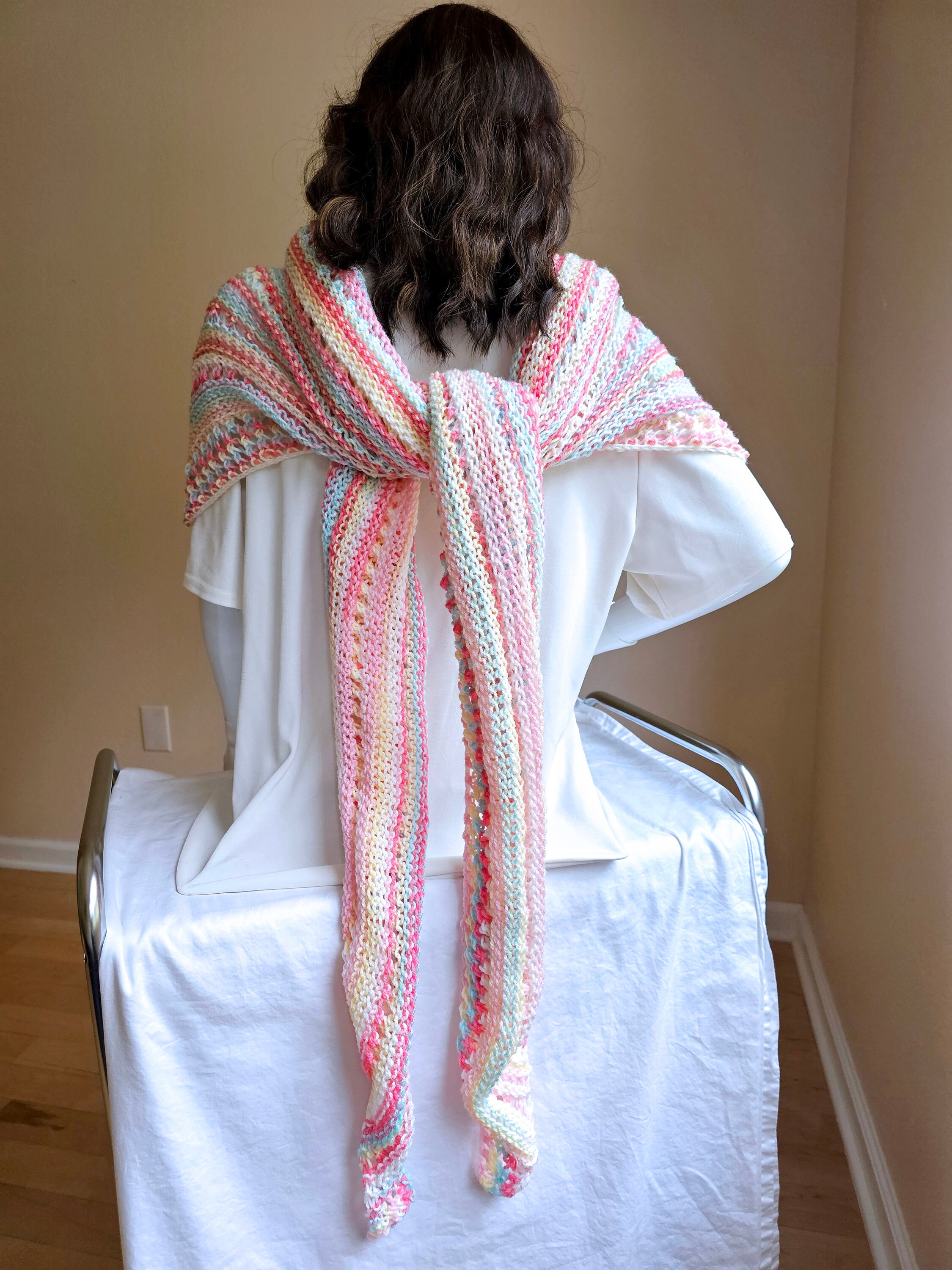 Triangular Shawl. Hand knit shawl. 3-Season shawl. Oversize shawl. Coral and turquoise. Pastel stripes shawl. Knit cover up. Hooded shawl. - Thumbnail 4