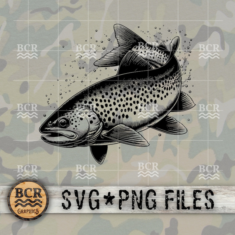 May include: Black and white illustration of a trout fish jumping out of the water. The fish is detailed with spots and fins. The image has a camouflage background with the text "BCR Graphics" and "SVG PNG FILES" at the bottom.