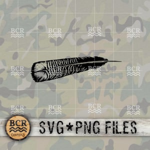 May include: Black and white silhouette of a turkey feather. The feather is detailed with a striped pattern. The image includes the text "SVG PNG FILES" and a logo with the text "BCR GRAPHICS".