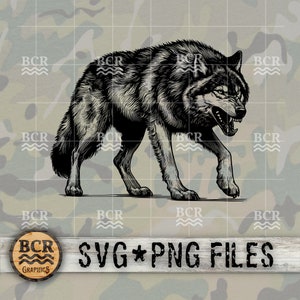 May include: A detailed black and white illustration of a wolf with an open mouth, baring its teeth. The wolf is walking forward, with a detailed fur texture. The background has a camouflage pattern. The text "SVG * PNG FILES" is at the bottom.