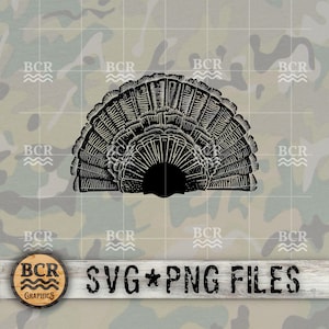 May include: Black and white silhouette of a turkey tail fan. The fan is made up of many feathers, each with a detailed design. The fan is a popular motif for Thanksgiving and hunting decorations.