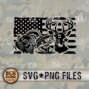Pode incluir: Silhueta preta e branca de um veado, um peru e um peixe na frente de uma bandeira americana. A imagem inclui o texto "SVG PNG FILES".