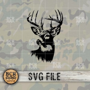 May include: Black and white silhouette of a deer head with antlers. The image is on a camouflage background with the text "SVG FILE" below the deer.