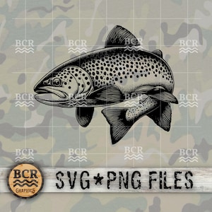 May include: Black and white illustration of a trout fish with detailed scales and fins. The image includes the text "SVG * PNG FILES" and the logo "BCR GRAPHICS". The background has a camouflage pattern.