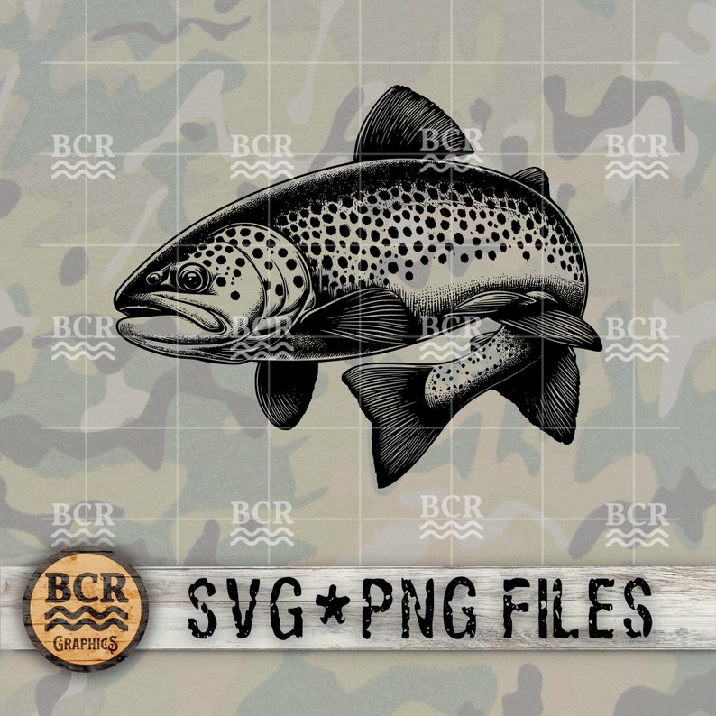 May include: Black and white illustration of a trout fish with detailed scales and fins. The image includes the text "SVG * PNG FILES" and the logo "BCR GRAPHICS". The background has a camouflage pattern.
