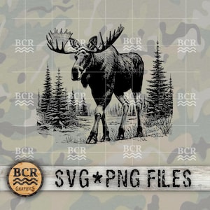 May include: Black and white illustration of a moose with large antlers, standing in a forest scene. The image includes the text "SVG * PNG FILES" and the logo "BCR GRAPHICS". The background has a camouflage pattern.