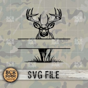 May include: Black and white silhouette of a deer with large antlers, standing in front of a split monogram banner. The deer is facing forward with its head lowered. The banner is blank and ready for personalization. The image is set against a camouflage background.