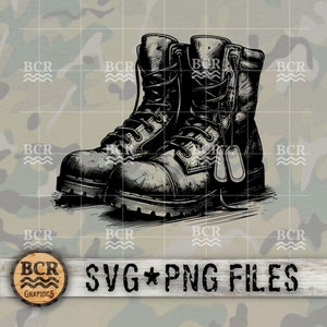 May include: A pair of black leather boots with laces and dog tags. The boots are drawn in a vintage style.
