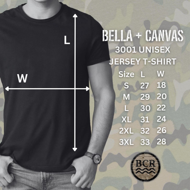 以下が含まれることがあります： 前面に Bella + Canvas 3001 がプリントされた、黒のユニセックスジャージーTシャツ。サイズ表は、S から 3XL までのサイズの長さと幅の寸法をセンチメートルで示しています。