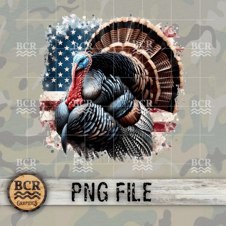 May include: A colorful digital illustration of a turkey with its feathers spread out in a fan shape. The turkey is standing in front of a faded American flag with a white background. The image has a distressed, watercolor effect.