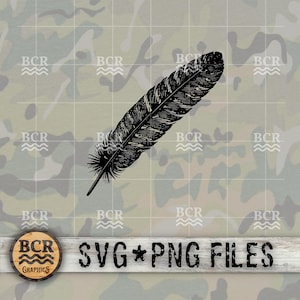 May include: Black and white illustration of a single feather on a camouflage background. The image includes the text "SVG PNG FILES" and a logo with the text "BCR GRAPHICS".