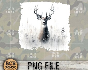 May include: A watercolor painting of a white-tailed deer standing in a field of tall grass. The deer has large antlers and is looking directly at the viewer. The background is a soft, blurred watercolor wash of light blue and green.