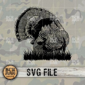 May include: Black and white silhouette of a wild turkey with its feathers fanned out. The turkey is standing in a patch of grass. The image is on a camouflage background with the text "SVG FILE" below the turkey.