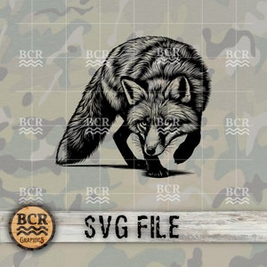 May include: Black and white line art illustration of a fox in a hunting pose. The fox is facing forward with its head lowered and its ears perked up. The fox's tail is curled behind it. The illustration is set against a camouflage background.