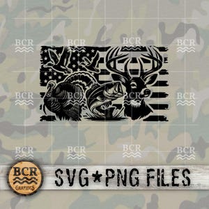 May include: Black and white silhouette design of a deer, turkey, and fish in front of an American flag. The design is perfect for a hunting or fishing themed project.