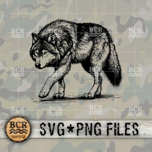 May include: Black and white line art illustration of a wolf walking to the left. The wolf is looking down at the ground. The image is on a camouflage background with the text "BCR SVG PNG FILES" at the bottom.