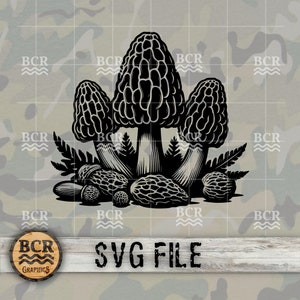 May include: Black and white silhouette of three morel mushrooms with fern leaves and acorns. The mushrooms are clustered together with their stems intertwined. The image is a simple, graphic design.