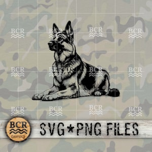 May include: Black and white illustration of a German Shepherd dog lying down. The dog is looking to the left. The image has a camouflage background with the text "BCR Graphics" and "SVG PNG FILES" at the bottom.