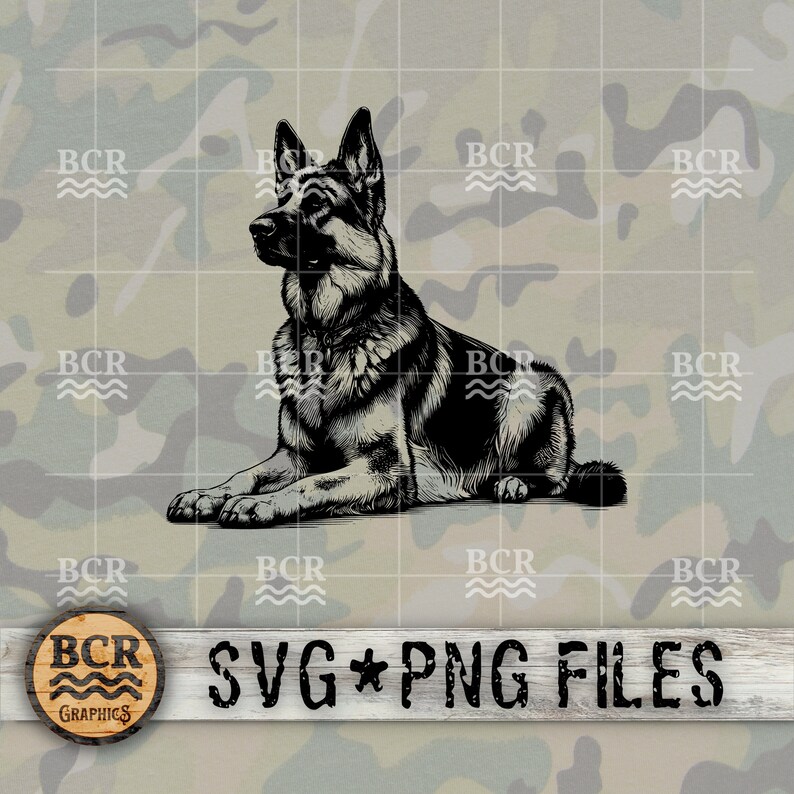 May include: Black and white illustration of a German Shepherd dog lying down. The dog is looking to the left. The image has a camouflage background with the text "BCR Graphics" and "SVG PNG FILES" at the bottom.