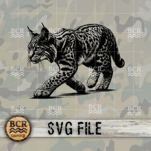 May include: Black and white illustration of a lynx walking to the right. The lynx is in a stylised, graphic design style. The background is a camouflage pattern.