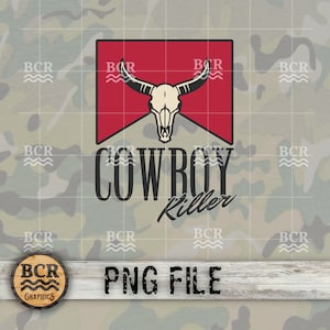 Könnte beinhalten: Ein rotes und schwarzes Grafikdesign mit einem Kuhschädel und dem Text "COWBOY Killer".