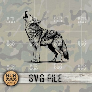 May include: Black and white illustration of a wolf howling at the moon. The wolf is standing on all fours with its head tilted back and its mouth open. The image is set against a camouflage background.