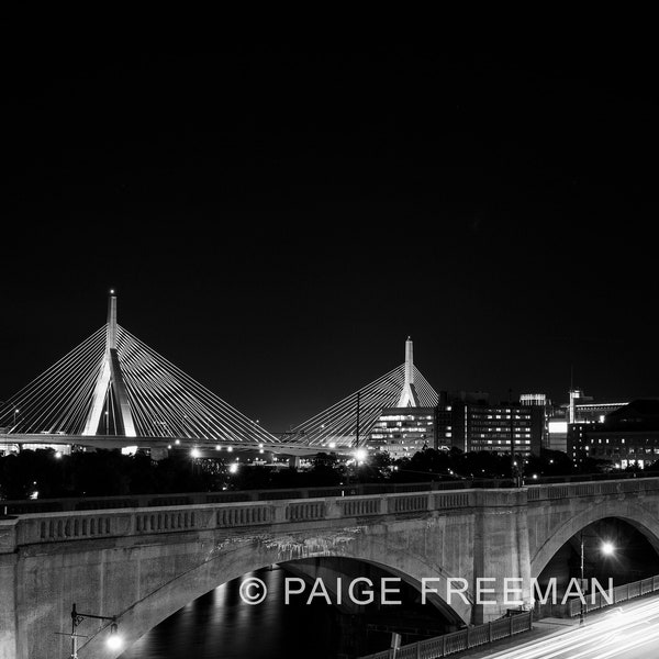 Boston Skyline - Digital Photo, Digital Download, Fine Art Photography, Wall Art, Zakim Bridge, Black and White, Night Photography, City