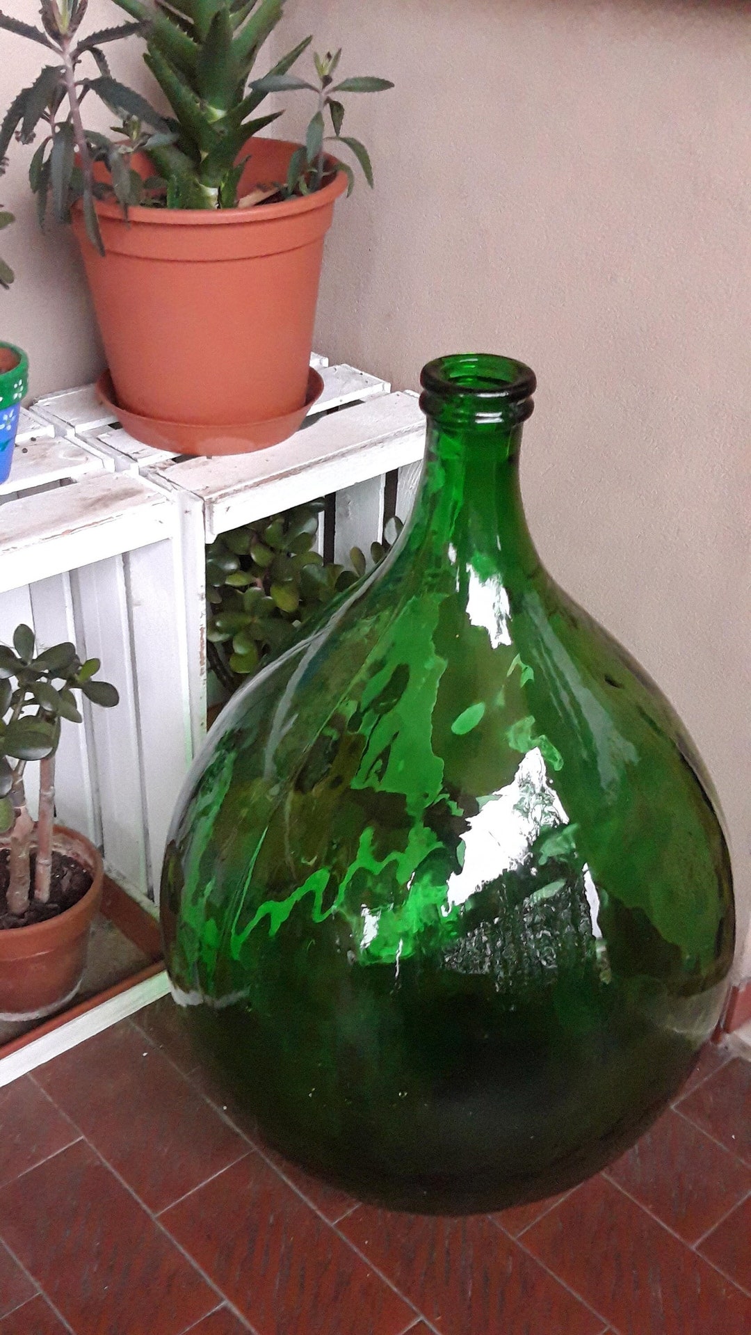 30 Liters Vintage XL Large Glass Wine Bottle Demijohn Mouthblown Floor Vase  French Pottery Storage Farmhouse Kitchen Home Decor Primitive 