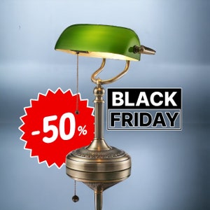 Banker Lamp Office Desktop with Green Glass Shade English Library Magnifique Gift Idea Him Her