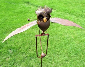 Metal kinetic owl with garden stake, wind spinner, garden decor