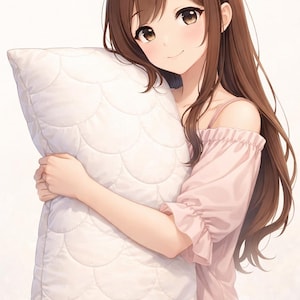 May include: A person with long brown hair wearing a light pink off-the-shoulder top with ruffled sleeves, holding a large white rectangular pillow featuring a quilted pattern of overlapping circular shapes across the entire surface.