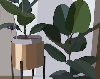 May include: Illustration of two potted plants with large, dark green leaves. One plant is in a gold and brown planter on black legs, the other in a white pot. The background is a neutral palette of gray and brown.