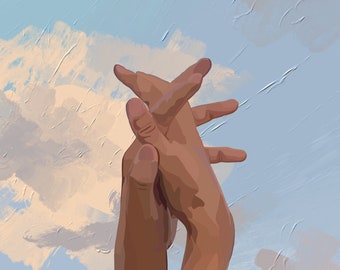 May include: Two hands clasped together, reaching up towards a light blue sky with white and pink clouds.