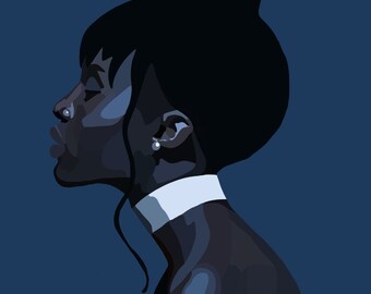 May include: A digital illustration of a person with dark skin, black hair, and a white collar. The person is facing to the side and has their eyes closed. The background is a dark blue color.