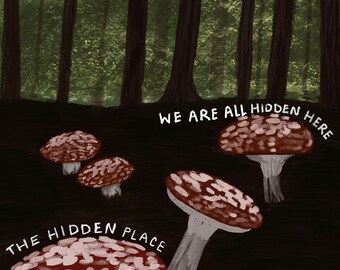 May include: A dark forest scene with a group of mushrooms in the foreground. The mushrooms are red with white spots and have white stems. The text "We are all hidden here" and "The hidden place" is written in white on a black background.