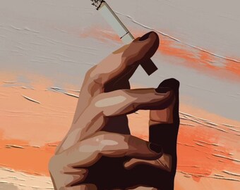 May include: A hand holding a lit cigarette against a background of orange and gray brushstrokes.