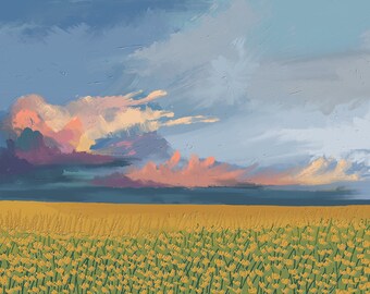 May include: A painting of a field of yellow flowers with a blue sky and pink clouds in the background.