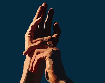 May include: Two hands, one on top of the other, are raised in the air against a dark blue background. The hands are clasped together, with the fingers of the top hand intertwined with the fingers of the bottom hand.
