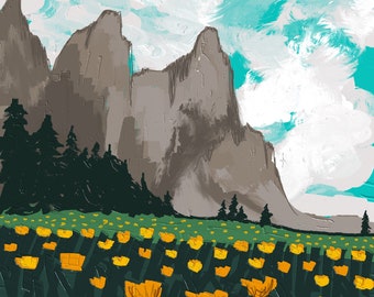 May include: A painting of a mountain range with a field of yellow flowers in the foreground. The sky is blue with white clouds.