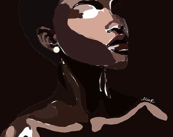 May include: Digital art portrait of a person with dark skin, short dark hair, and closed eyes. The artwork uses shades of brown, beige, and white against a dark brown background. A white pearl earring and a signature are visible.