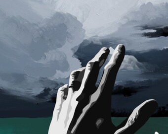 May include: A stylized painting of a hand reaching up towards a stormy sky. The hand is in the foreground, with the ocean and beach in the background. The sky is a mix of dark gray and light blue, with white clouds. The ocean is a deep teal color, with white waves crashing on the shore. The beach is a light brown color.