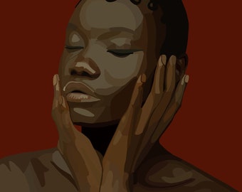 May include: Digital art portrait of a person with dark skin, eyes closed, and hands gently touching the face. The artwork features a warm color palette with shades of brown and a deep red background.