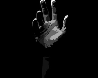 May include: A single hand reaches up towards a dark background, fingers extended and palm facing the viewer. The hand is illuminated by a light source from above, casting shadows on the fingers and palm.