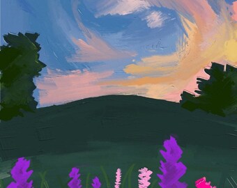May include: A painting of a field of purple and pink flowers with a green hill and a blue sky with pink and orange clouds in the background.