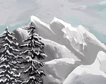 May include: A painting of a snowy mountain landscape with two dark green pine trees in the foreground. The sky is a light blue with white clouds.