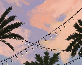 May include: An artistic illustration of a tropical scene featuring palm trees and string lights against a pastel sky. The artwork captures a serene evening ambiance with soft colors and a sense of warmth.