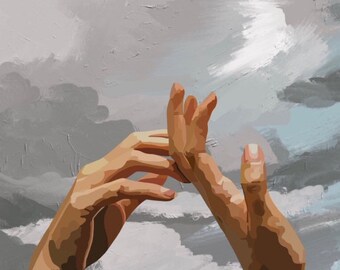 May include: Two hands reaching up towards a cloudy sky painted in shades of gray and blue.