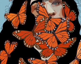 May include: A woman with long black hair is partially obscured by a swarm of orange and black monarch butterflies. The butterflies are clustered around her face, creating a sense of mystery and beauty.
